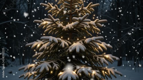 Majestic snow-covered Christmas tree with warm lights in dark forest at night during snowfall.