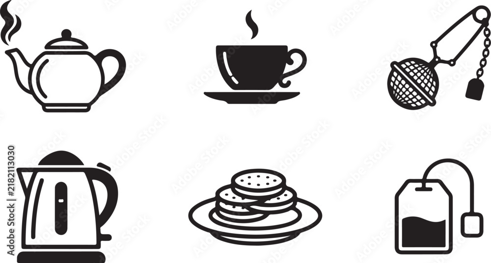 Fototapeta premium Tea time icons set with teapot, cup, kettle, tea bag, infuser and cookies for cafe menu