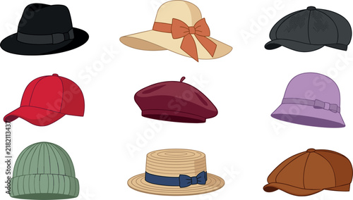 Принти на полотні Elegant flat vector illustration set of classic women and men hats including fed