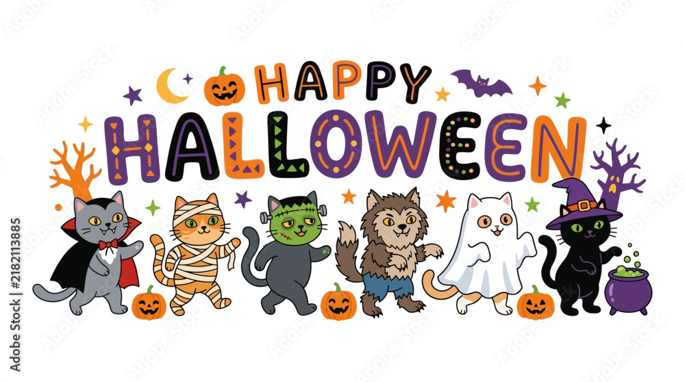 Fototapeta premium Cute Halloween Cats in Costumes Illustration