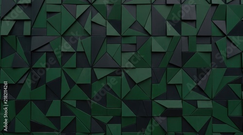 Abstract dark green and black 3D geometric polygon wall