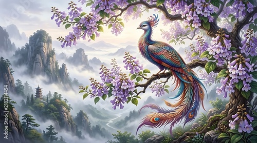 Colorful Bird Perched on Flowering Tree Amidst Scenic Mountain Landscape