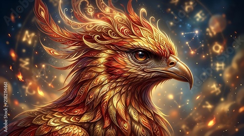 Majestic Golden Phoenix Portrait with Fiery Details and Enchanting Aura