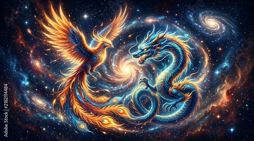 Spiraling Dragon and Phoenix in Cosmic Galaxy Wonder of Colorful Light