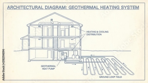 Architectural diagram of residential geothermal heating and cooling system