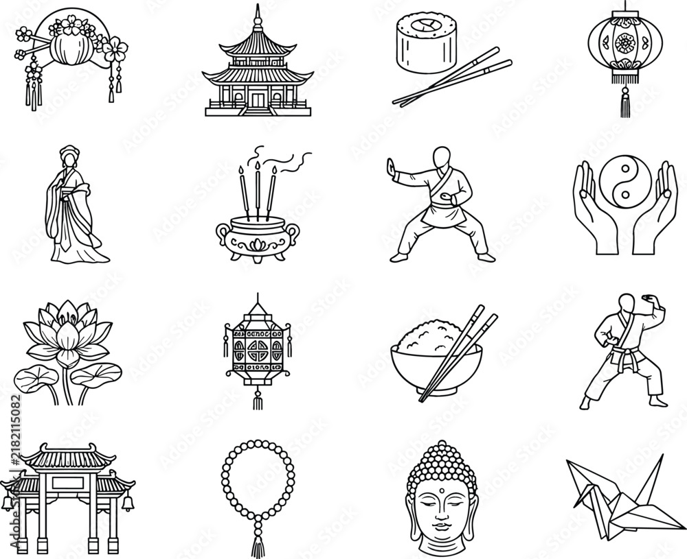 Fototapeta premium Asian cultural heritage and traditional oriental symbols thin line icons collection featuring buddha pagoda martial arts sushi and lanterns