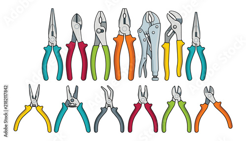 Foto Pliers and hand tools vector set with various wire cutters needle nose and locking grips for hardware construction themes, 17 words