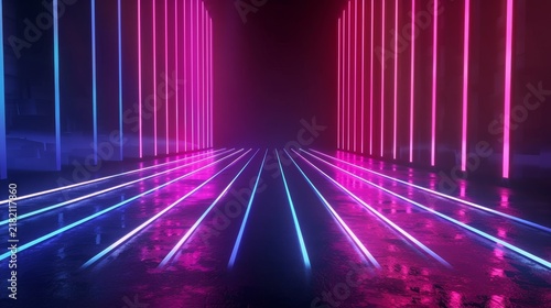 Futuristic corridor with glowing neon pink and blue vertical and horizontal lines reflecting on a dark floor