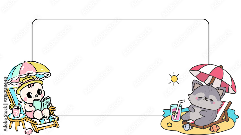 Fototapeta premium Kawaii summer beach frame with cute animals, cartoon cat and bunny on vacation, tropical holiday border for kids