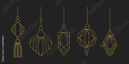 Art Deco decorative elements set. Vector gold geometric frames, borders, corners, floral ornaments and vintage line decorations on black background for luxury invitations and branding