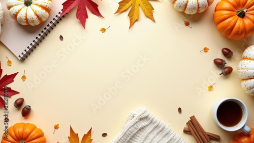 Cozy autumn flat lay with pumpkins, warm knitted blankets, coffee, maple leaves and cinnamon on a light background. Seasonal fall composition with copy space for text, banners and designs