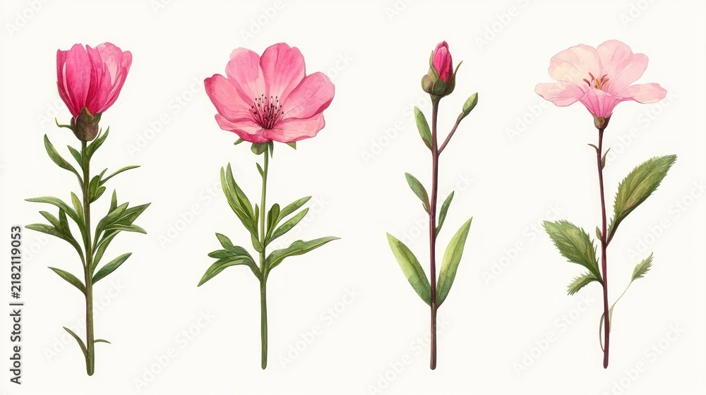 Fototapeta premium Botanical illustration highlighting the stages of flower blooming.