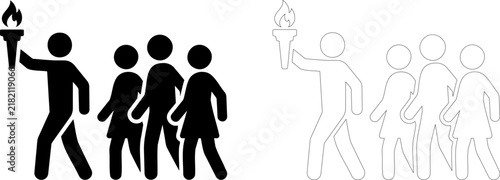 Leadership and torch relay icon set containing leader and followers for corporate strategy