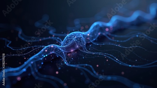 Abstract glowing neural network with blue AI connections and digital data flow background