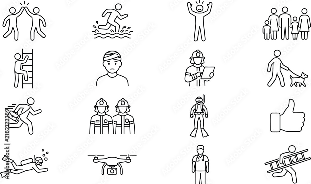 Fototapeta premium People and profession line art icons set with firefighter doctor diver family rescue and emergency elements