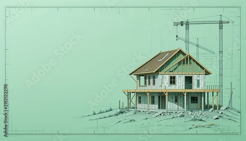 3D Render of a Wooden House Frame Under Construction on a Dirt Plot with Mint Green Background