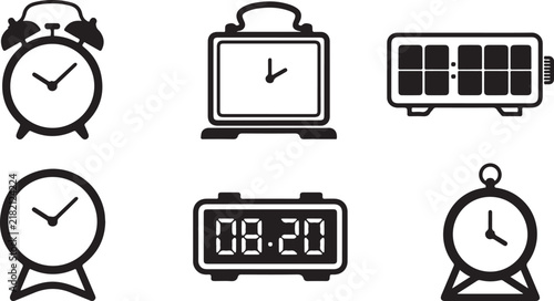 Set of six flat vector desk clocks and alarm clock icons for time management design.