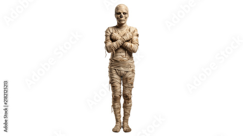 Ancient Egyptian mummy standing with crossed arms, spooky Halloween monster in linen bandages, undead creature character isolated PNG with Transparent Background