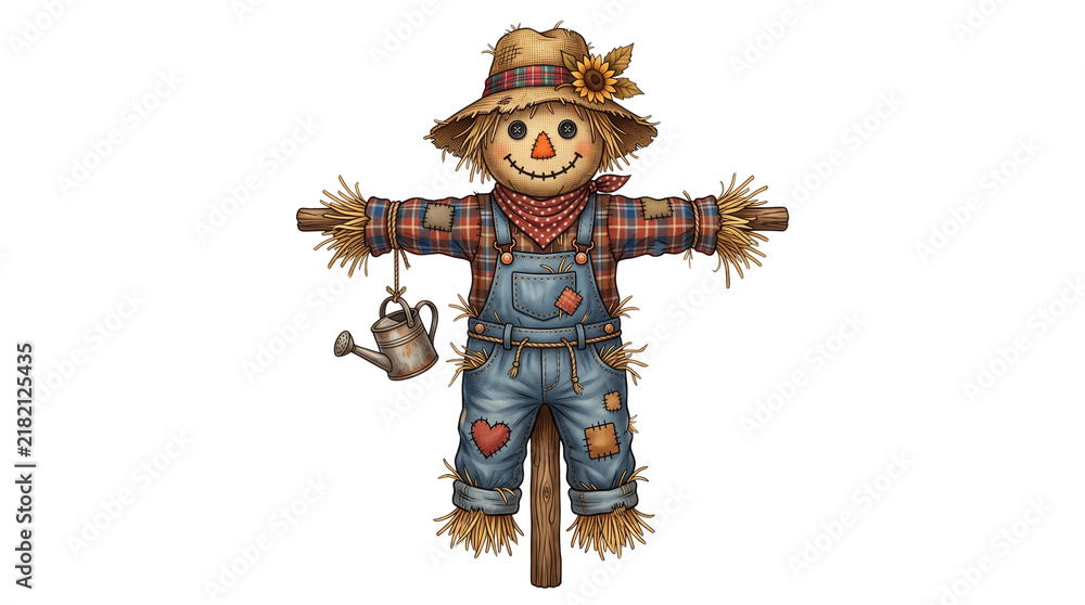 Fototapeta premium Rustic garden scarecrow character, friendly straw man in denim overalls, autumn harvest farm decoration with watering can isolated PNG with Transparent Background