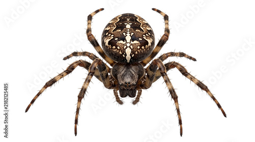 European garden spider with cross pattern, macro view of Araneus diadematus, brown orb-weaver arachnid for biology education isolated PNG with Transparent Background