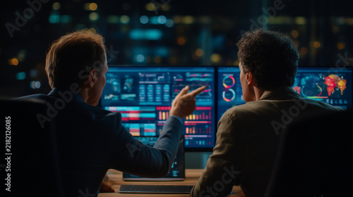 Business analysts reviewing financial data on computer screens in a dark office at night.