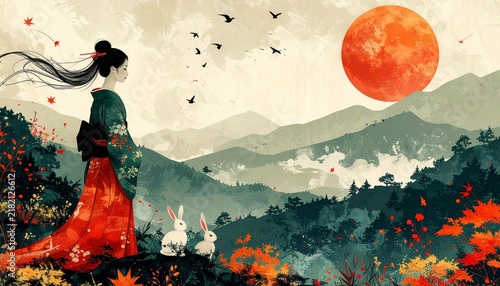 Poetic Japanese folklore illustration with a large kimono woman on the left and autumn maple mountains beyond