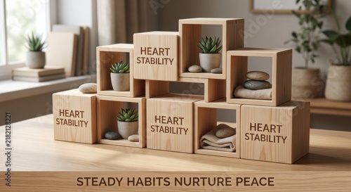 Wooden cubes promoting heart stability with plants and stones displayed on a shelf