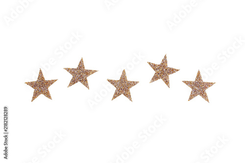 Five gold stars row isolated png on transparent background cutout object, Christmas decor design.