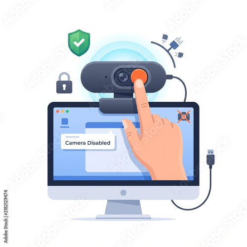 Secure your privacy a hand disabling a webcam on a computer screen with a camera disabled message