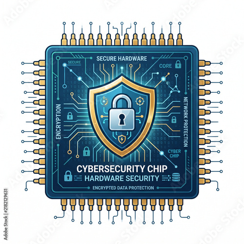 Cybersecurity Hardware Chip with Shield and Padlock for Encrypted Data Protection Concept