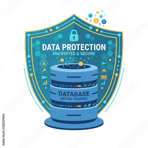 Conceptual illustration of digital information safety featuring a secure database server protected by a reinforced virtual shield icon