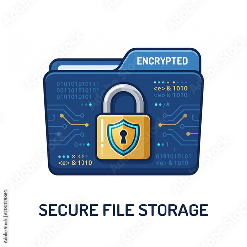 Encrypted digital folder icon with a secure padlock for data privacy and cybersecurity protection concept