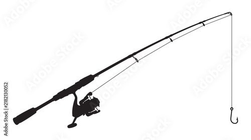Fishing rod with reel and line is depicted as a black silhouette