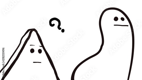 Cute cartoon animals or characters shaped like a rounded worm and a triangle are looking somewhere with blinking eyes. Between them is a question mark.