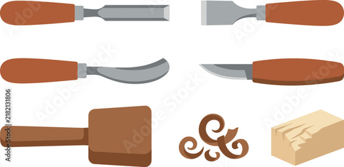 Принти на полотні Traditional Wood Carving and Whittling Tools Vector Set with Sculpting Chisels S