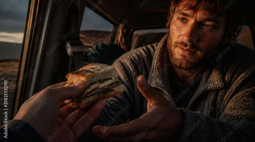 Fototapeta premium Man Receives a Sandwich in a Vehicle Capturing a Moment of Connection