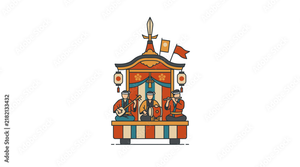 Fototapeta premium Tall traditional Japanese festival float featuring festive musicians