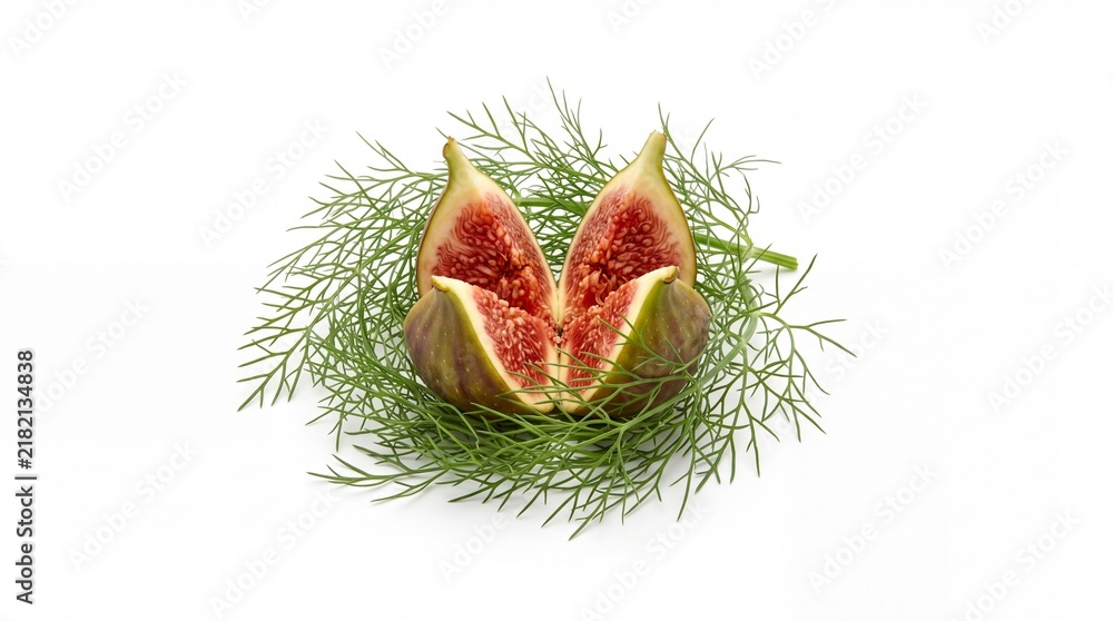 Fototapeta premium Ripe purple fig cut open on fresh green herbs over white background