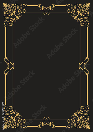 Gold frame with scrollwork patterns, vintage card element.