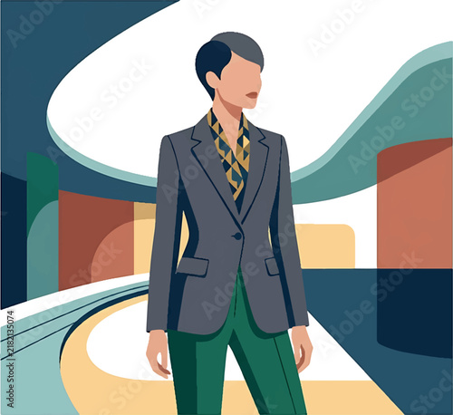Принти на полотні A stylish professional woman standing in a modern abstract office environment illustration