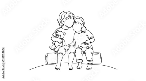 Continuous line drawing of two boys hugging, one holding teddy bear, isolated