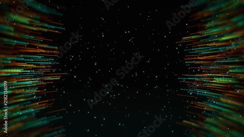Animated blue, teal, and orange particle trails sweep through deep space, featuring motion reveal and seamless looping for futuristic technology, digital network, and energy backgrounds.