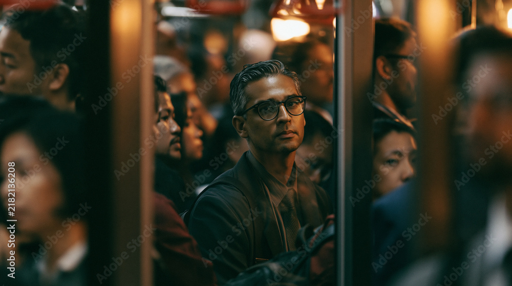 Fototapeta premium Commuter Standing in a Crowded Subway Train During Rush Hour