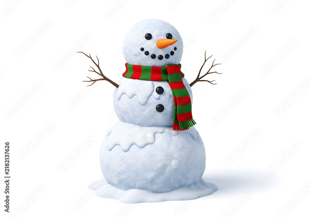 Fototapeta premium Charming 3D rendered snowman wearing a festive scarf, ideal for winter holiday marketing, greeting cards, and seasonal advertising campaigns.