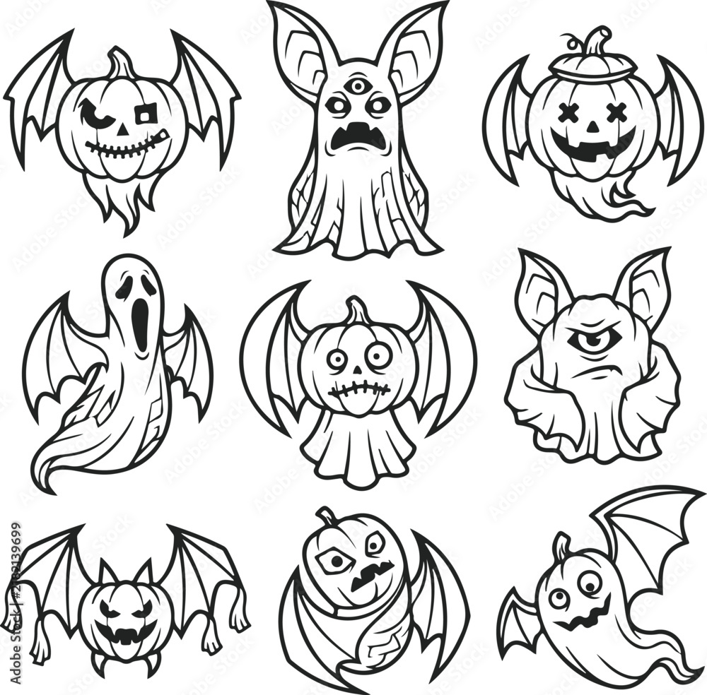 Obraz premium Cute Halloween hanging ghost pumpkin icon set line art