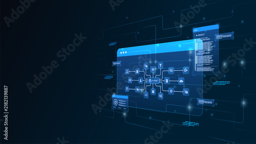 AI workflow automation artificial intelligence. ai agent network diagram dashboard machine learning architecture data pipelines, coding panels, analytics panels and automation system.