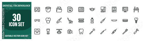 Dental technology and modern dentistry solid icon set. Featuring dental equipment, teeth, implants, orthodontics, diagnostics, treatment, oral care, and digital dentistry