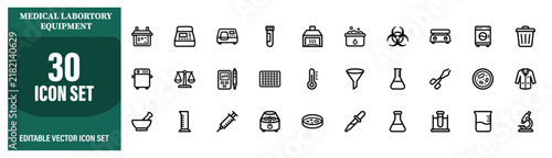 Medical laboratory equipment and diagnostic technology solid icon set. Featuring microscopes, test tubes, laboratory instruments, medical analysis, diagnostics, research, samples
