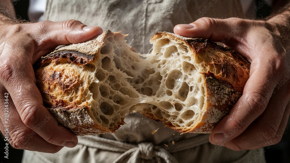 Obraz premium Hands tearing fresh crusty baguette bread