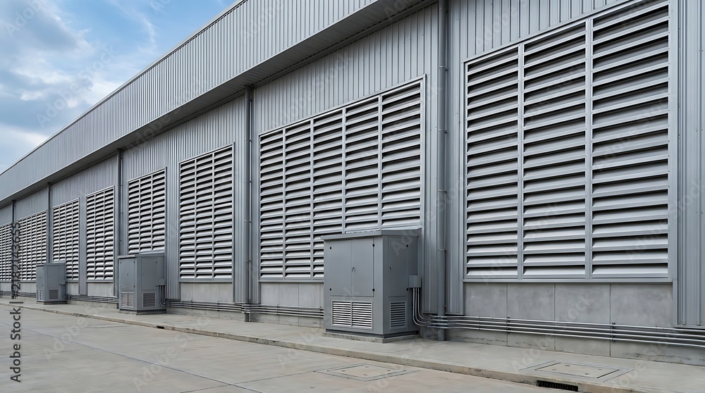 Fototapeta premium Modern industrial building exterior with multiple ventilation louvers and HVAC units on its metal wall, vital for internal climate control and operational efficiency